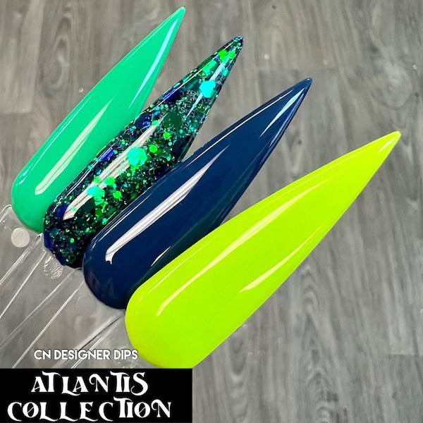 Coleção Atlantis - pó acrílico para unhas, pó acrílico para unhas, verão, terra, textura grossa, glitter, neon, azul, verde, marinho, conjunto