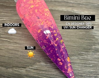Bimini Bae- dip powder, dip powder for nails, acrylic, coral, pink, purple, color changing, flake, sun changer