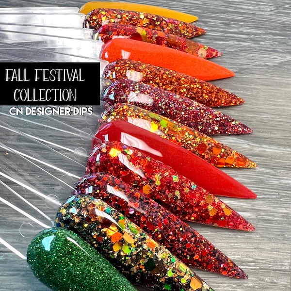 Colección Festival de Otoño: polvos de inmersión, polvos de inmersión para uñas, acrílicos, otoño, rojo, naranja, verde, brillo, set