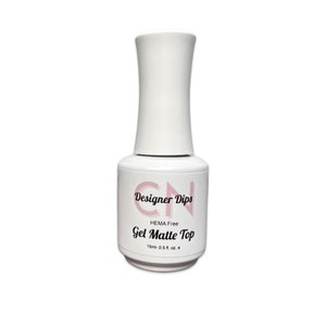 May include: A white bottle of clear nail polish with a black and white label that says "Designer Dips" and "Gel Matte Top". The label also says "HEMA Free" and "15ml - 0.5 fl. oz. e".