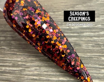 Season’s Creepings- dip powder, dip powder for nails, acrylic, fall, autumn, halloween, black, orange, purple, glitter