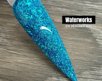 Waterworks- dip powder, dip powder for nails, acrylic, nails, blue, green, foil, flake