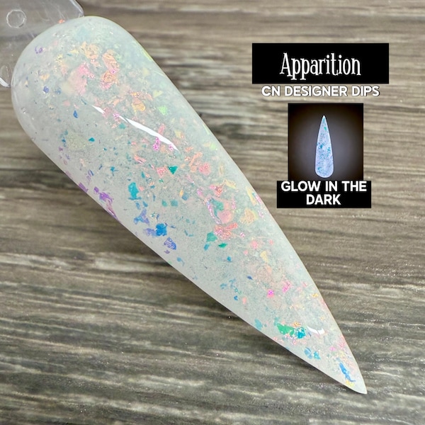 Aparición- polvo de inmersión, polvo de inmersión para uñas, acrílico, brilla en la oscuridad, blanco, escama, brillo