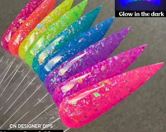 Neon Opal Glow Collection- dip powder, dip powder for nails, acrylic, neon, summer, opal, flake, glow in the dark