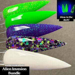 May include: A collection of five nail dip samples in various colors and textures. The top two are bright green, one with glitter. The third is a deep purple with glitter, the fourth is a mix of glitter and colors, and the bottom is white. The text "Alien Invasion Bundle" is visible.