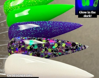 Alien Invasion Bundle- dip powder, dip powder for nails, acrylic, green, purple, glitter, solid, glow in the dark, glow, set