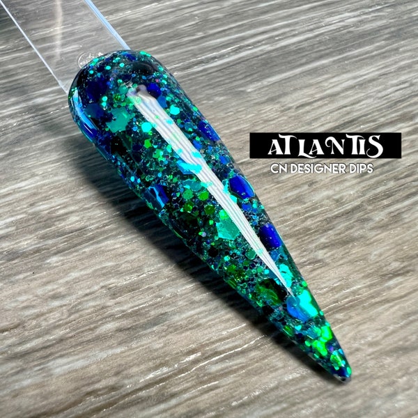 Atlantis- dip powder, dip powder for nails, acrylic, chunky, blue, green, color shift, glitter
