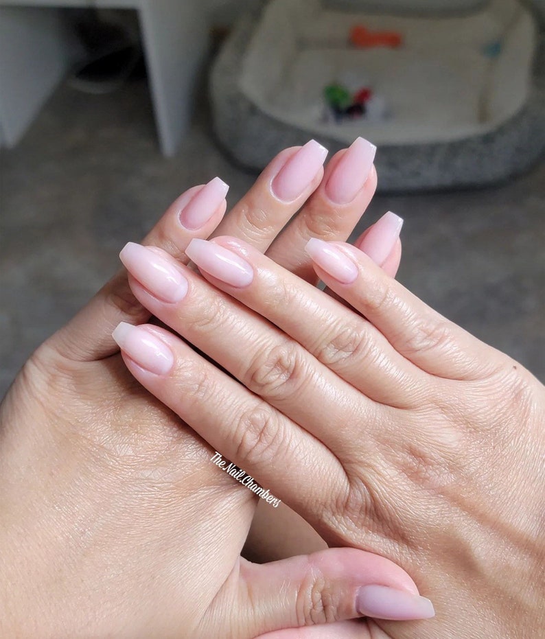 May include: Close-up of hands with light pink nail polish on short, square-shaped nails. The nails are slightly rounded at the edges. The text "The Nail Chambers" is visible on the bottom right of the image.