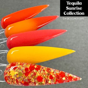 Puede incluir: Colecci&oacute;n de inmersiones para u&ntilde;as Tequila Sunrise en tonos naranja, rojo y amarillo. La colecci&oacute;n incluye una inmersi&oacute;n de purpurina.