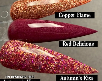 Autumn’s Kiss Collection- dip powder, dip powder for nails, acrylic, dip nails, dip powders, fall nails, red, glitter, foil, flake