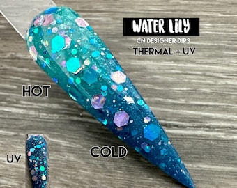 Lirio de agua - polvo de inmersión, polvo de inmersión para uñas, acrílico, verde, verde azulado, brillo, cambio de color, térmico