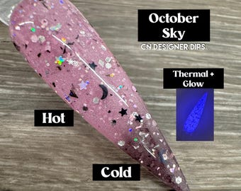 October Sky- dip powder, acrylic, Halloween, valentine, moon, star, pink, color changing, thermal, glow, glow in the dark