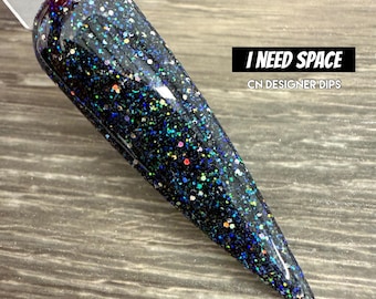 I Need Space- dip powder, dip powder for nails, acrylic, black, blue, iridescent, holographic