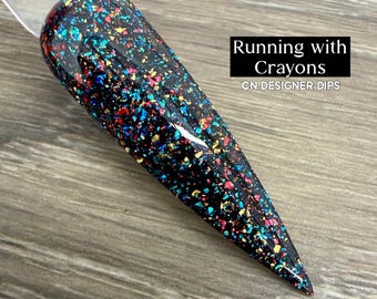 Corriendo con crayones: polvo de inmersión, polvo de inmersión para uñas, acrílico, negro, arcoíris, lámina, escamas