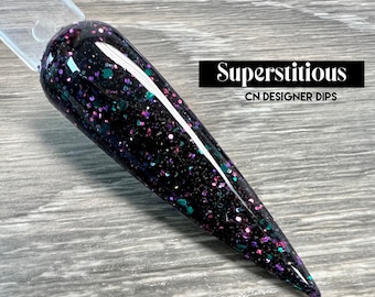 Superstitious- dip powder, dip powder for nails, acrylic, halloween, black, glitter