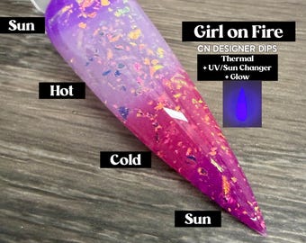 Girl on Fire- dip powder, for nails, acrylic, pink, flake, thermal, sun changer, glow, glow in the dark, color changing
