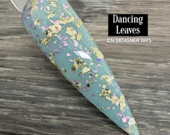 Dancing Leaves - polvo de inmersión, polvo de inmersión para uñas, acrílico, primavera, pastel, brillo, lechoso, verde, papel de aluminio
