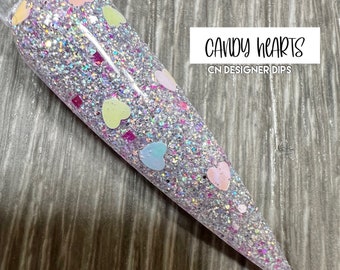 Candy Hearts- dip powder, dip powder for nails, acrylic, heart, shape, valentine, glitter