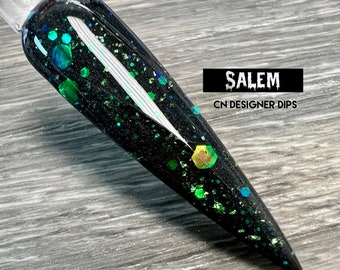 Salem- polvo de inmersión, polvo de inmersión para uñas, acrílico, negro, verde, Halloween, brillo, purpurina
