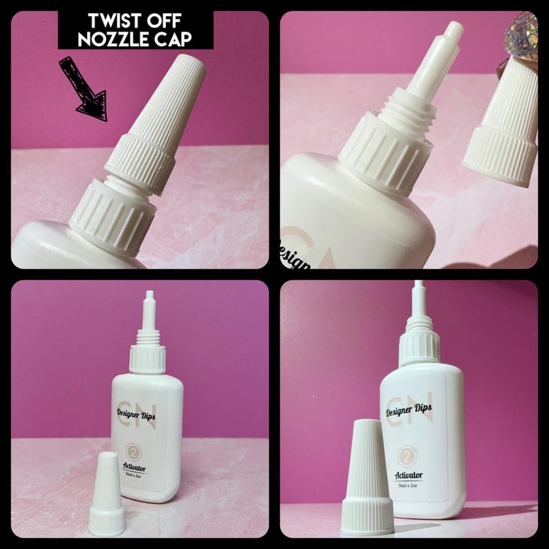 May include: A white plastic bottle with a clear liquid inside. The bottle has a label that says "Designer Dips" and "Activator". The bottle has a twist-off nozzle cap.