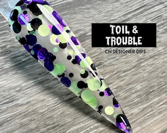 Toil & Trouble: polvo de inmersión, polvo de inmersión para uñas, acrílico, Halloween, morado, verde, forma, brillo