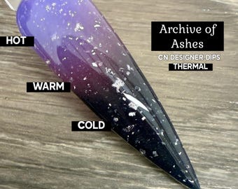 Archive of Ashes- dip powder, for nails, acrylic, purple, black, silver, thermal, color changing, flake, foil