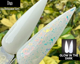 Ghost Mode Duo- dip powder, dip powder for nails, acrylic, white, solid, flake, glow in the dark, glow, set