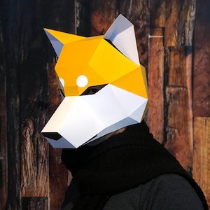 Inugami - Maschera per cani Shiba Inu Yokai / Maschera per la testa - Modello PDF di papercraft fai da te Low Poly