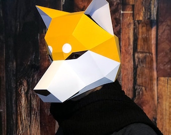 Máscara de cabeza de perro Shiba Inu Yokai: Papercraft DIY de baja poligonización ((Descarga de plantilla PDF))