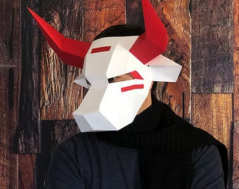 Máscara completa de toro Ushi-Oni: Plantilla de papel DIY de baja poligonización (Descarga de plantilla PDF)