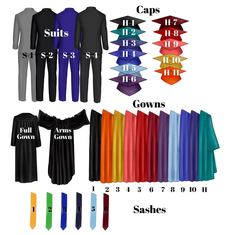 May include: An illustration of graduation attire, including suits, gowns, caps, and sashes. The suits are in gray, black, and blue. The gowns are in various colors, including orange, yellow, red, pink, blue, purple, and green. The caps are in various colors, including purple, blue, green, and red. The sashes are in yellow, green, blue, and red.