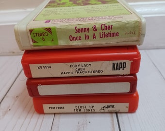 Lot of 4 Vintage 8 Tracks, Cher, Sonny and Cher, Tom Jones, Vintage Pop, Red 8 Tracks, 1970s decor, 1970s 8 track