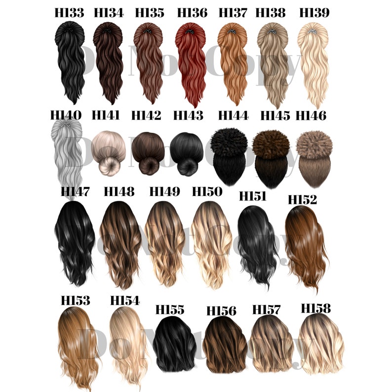 May include: A set of 18 digital illustrations of different hairstyles for women. The hairstyles are all back views and include a variety of styles, such as ponytails, braids, buns, and loose waves.