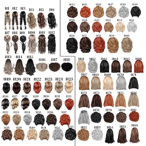 May include: A chart of 86 different hairstyles, each labeled with a number. The hairstyles are all different colors and styles, including long, short, curly, straight, and wavy.