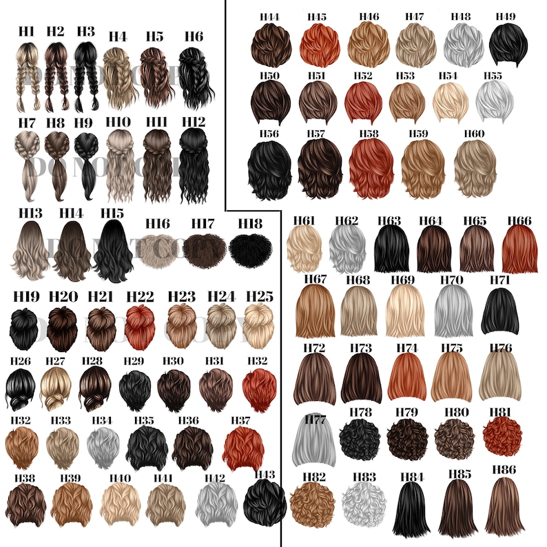 May include: A chart of 86 different hairstyles, each labeled with a number. The hairstyles are all different colors and styles, including long, short, curly, straight, and wavy.