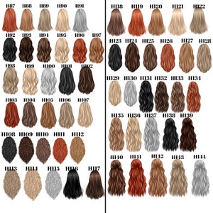 May include: A chart of 44 different hairstyles, each with a unique color and style. The hairstyles are numbered from H87 to H144.