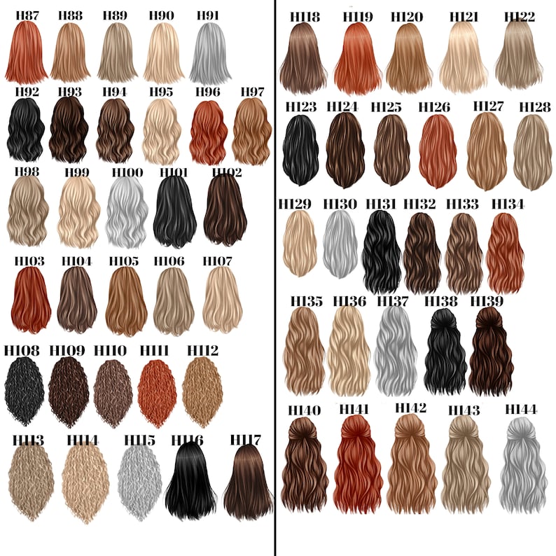 May include: A chart of 44 different hairstyles, each with a unique color and style. The hairstyles are numbered from H87 to H144.