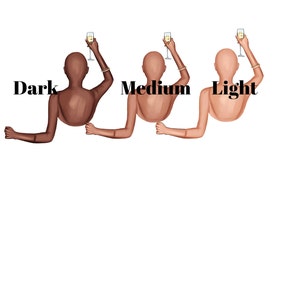 May include: Three women with different skin tones, each holding a glass of champagne, with the words "Dark", "Medium", and "Light" written above them.