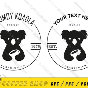 Pode incluir: Design de logotipo em preto e branco para uma cafeteria chamada "Grumoy Koala Company" estabelecida em 1975. O logotipo apresenta um coala de desenho animado segurando uma xícara de café. O texto "Clothing.co" está abaixo do coala.