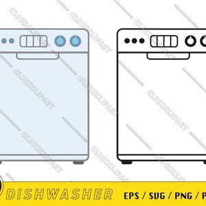 May include: A line drawing and a filled-in illustration of a dishwasher. The dishwasher is white with a light blue control panel and a black outline. The dishwasher has a door, a control panel, and a bottom.