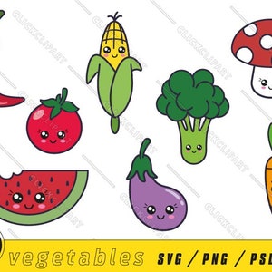 Verdure Kawaii | Carota SVG | Pepe PNG | anguria | fungo | Verdure | Cibo | File SVG per Cricut | Clipart carino | Pacchetto Svg