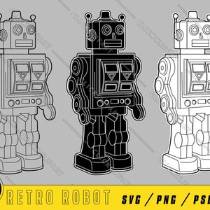 Clipart del robot | Robot SVG | SVG retrò | Giocattoli d'epoca | Linea arte | File SVG | Taglia file | ClipArt | Disegni della maglietta