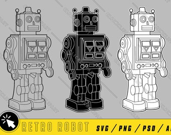 Retro Robot Clipart | Vintage Toy Line Art (SVG, PNG, PSD, Ai)