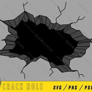 Peut inclure: Un trou noir fissuré dans un mur gris. La fissure est en forme de cercle irrégulier avec des bords tranchants. Le trou est grand et profond, suggérant un impact important.