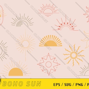 Clipart soleil Boho | Éléments bohèmes | Boho Soleil SVG | Soleil bohème PNG | Formes bohèmes | Style bohème | Ensemble SVG | Graphiques