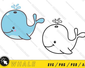 Cute Whale SVG | Baby Whale PNG | Whale Mascot SVG | Whale Clipart | Whale Svg Designs | Sea Animals Svg | Animal Lover Svg | Kawaii Clipart