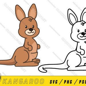 Op de afbeelding: Een cartoon-illustratie van een kangoeroe in bruin en zwart, en een lijntekening van dezelfde kangoeroe in zwart. De kangoeroe staat op alle vier poten met zijn staart erachter.