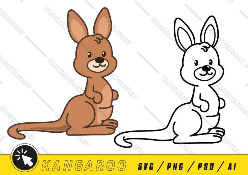 Op de afbeelding: Een cartoon-illustratie van een kangoeroe in bruin en zwart, en een lijntekening van dezelfde kangoeroe in zwart. De kangoeroe staat op alle vier poten met zijn staart erachter.