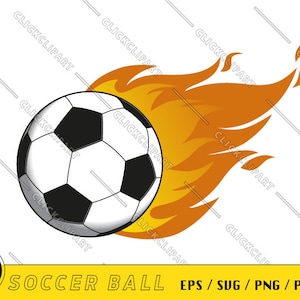 May include: A black and white football with flames behind it. The ball is on fire.