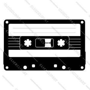 May include: A black and white silhouette of a cassette tape. The tape is rectangular with a black label and a white stripe in the middle. There are two small circles on the label, and a rectangular area for the tape to be inserted.